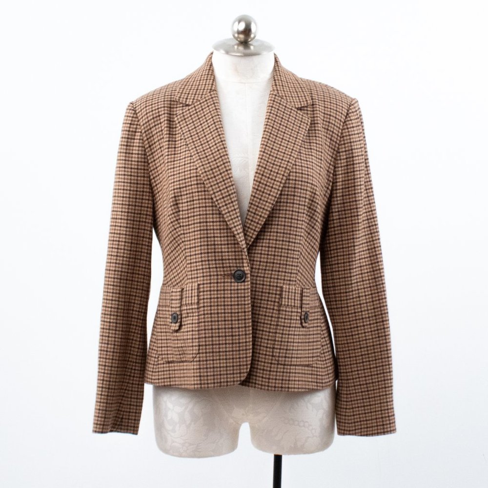 Vintage 90s M Wool Plaid Blazer Skirt Suit Brown - Picture 14 of 16
